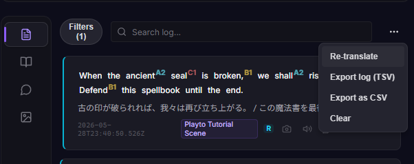 A Log entry's overflow menu — Re-translate sits at the top, with Export TSV / Export CSV / Clear below