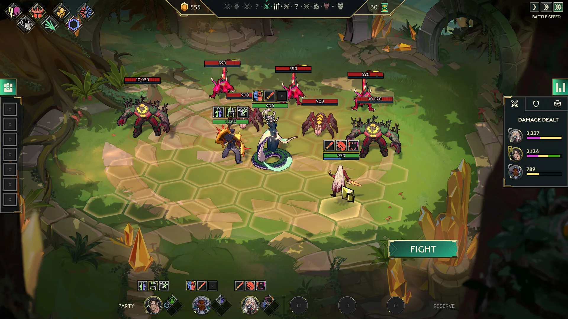 Guildrun のデモの編成画面。ヒーローと敵、装備・スキルのアイコン、右側に DAMAGE DEALT の内訳が英語で表示されている