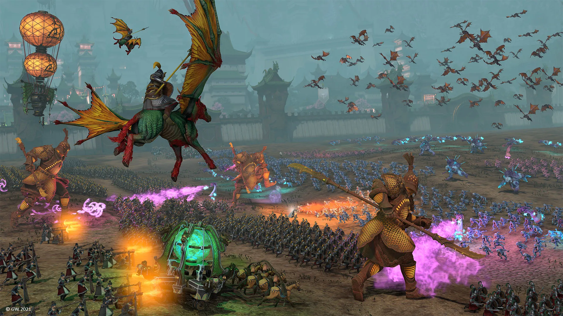 Total War: WARHAMMER IIIの大規模戦闘。竜に乗った将が軍勢の上を飛ぶ