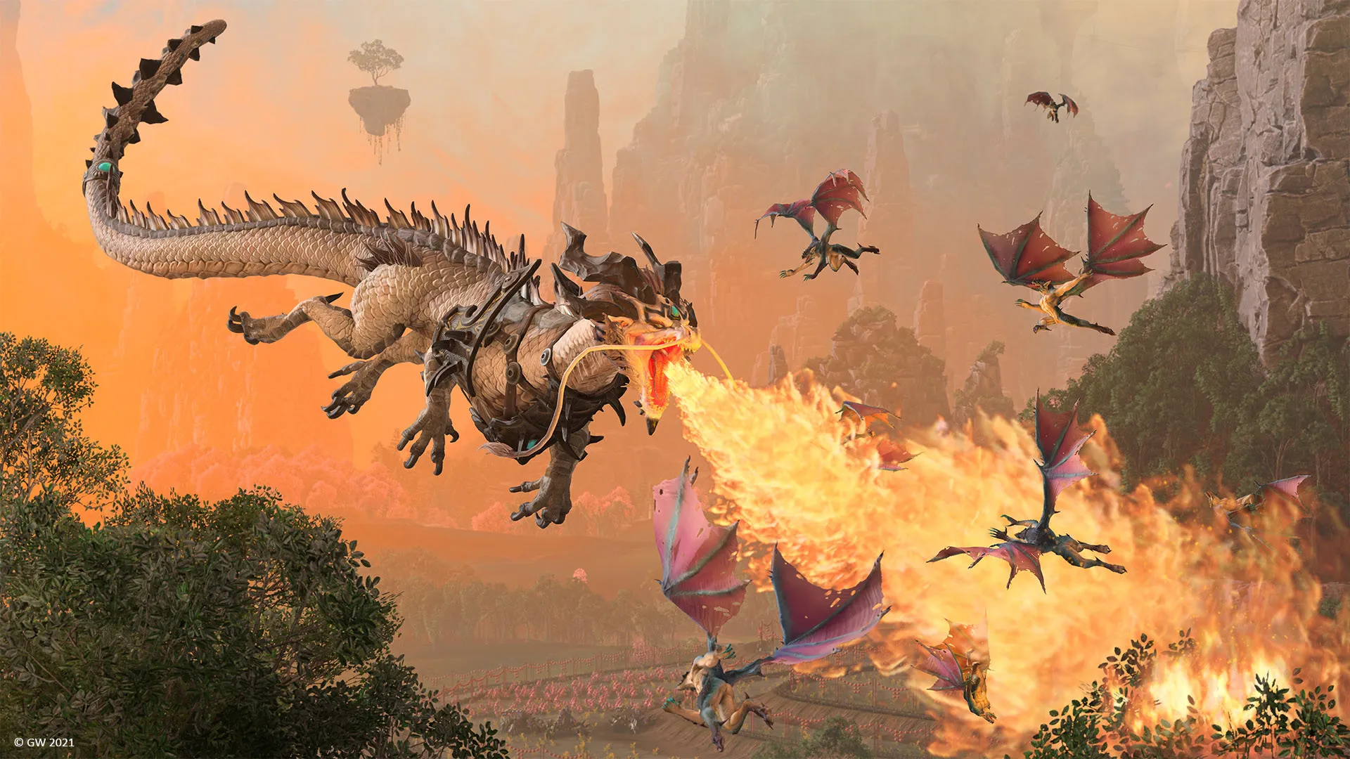 Total War: WARHAMMER IIIのドラゴンが火を吐く場面