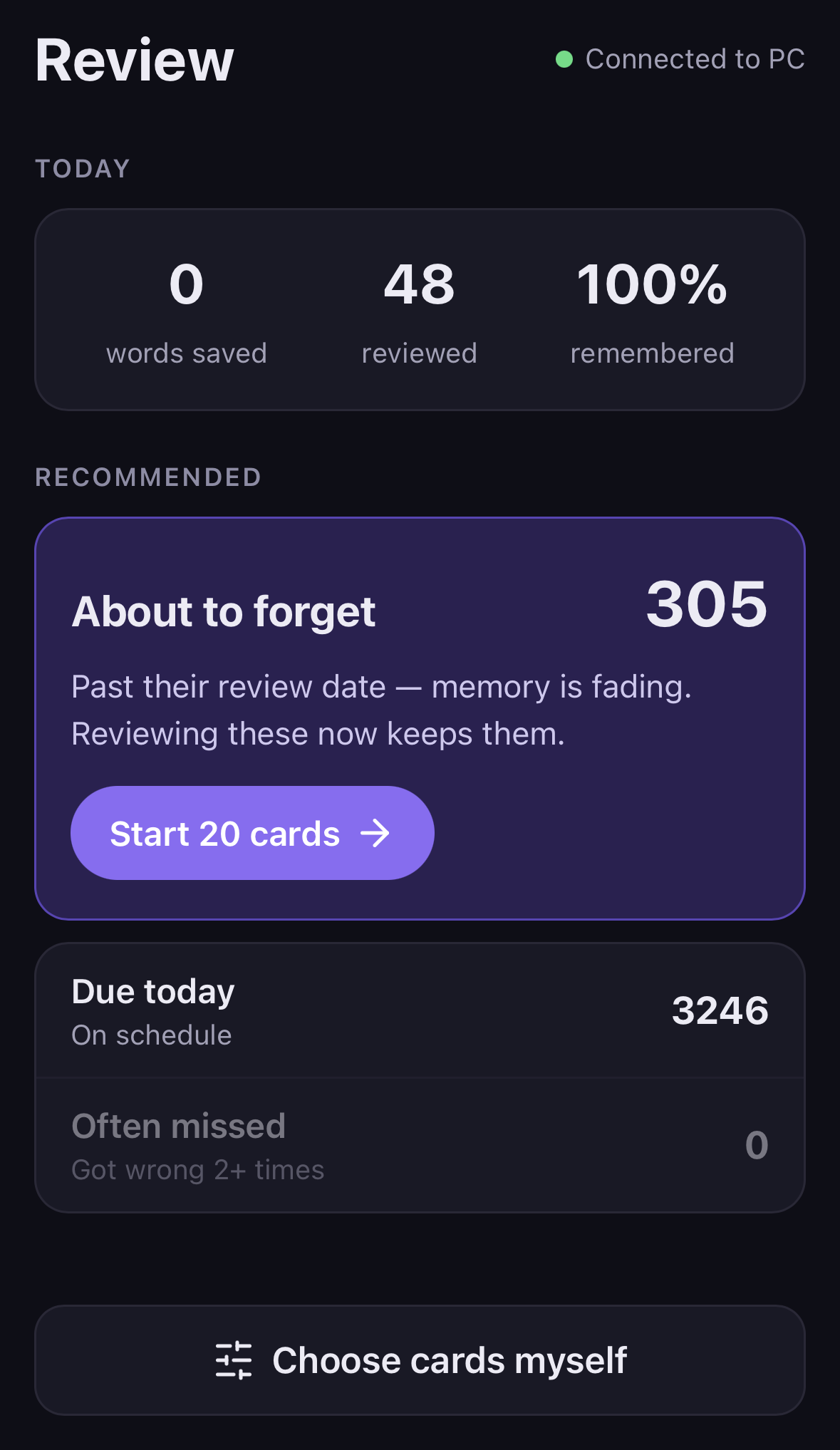 スマホ復習のホーム画面。今日の数字、About to forget と Start 20 cards ボタン、Due today、Often missed